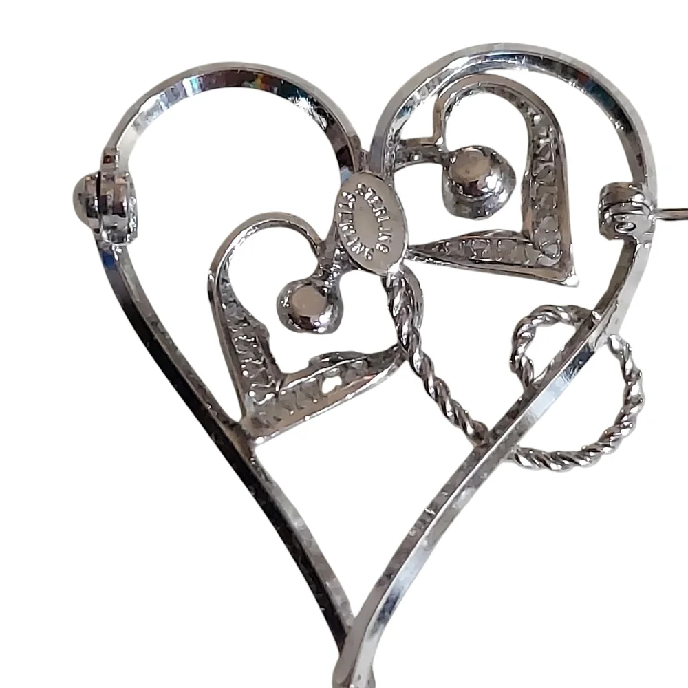 Vintage Sterling Silver Aurora Borealis Filigree Heart Brooch Pin